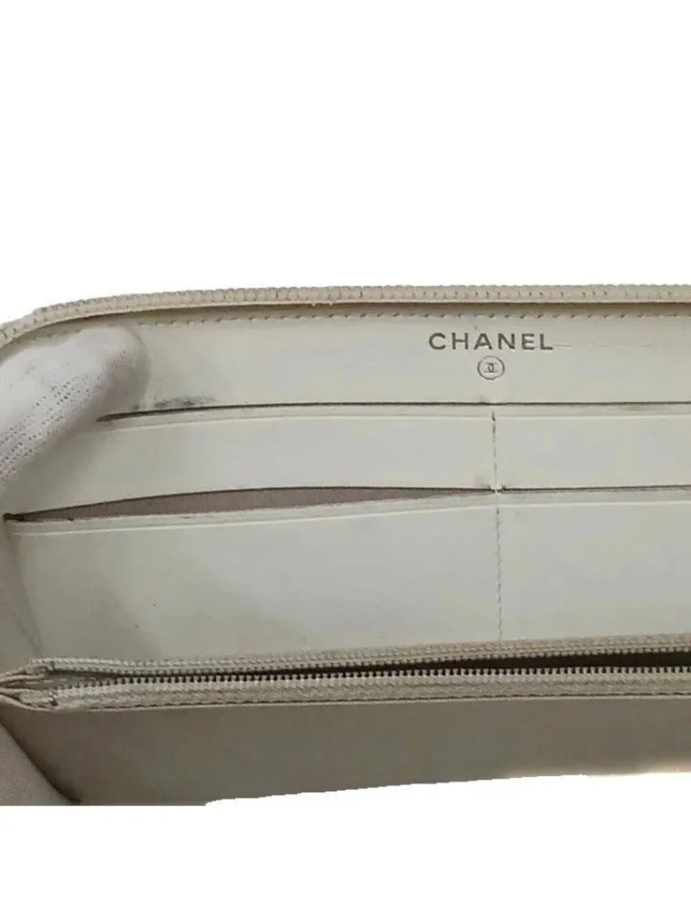 Chanel CC Logo Caviar Leather Wallet Zip Around Coin Purse Ivory
